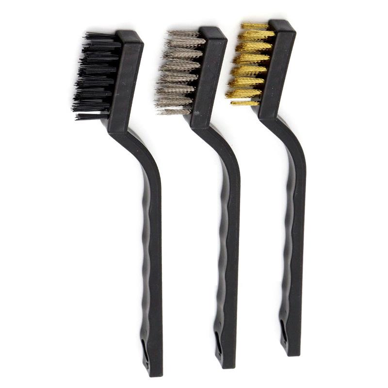 7-inch Industrial Cleaning Brush Set: Stainless Steel, Copper, Nylon Bristles – 3 Mini Brushes for Polishing.