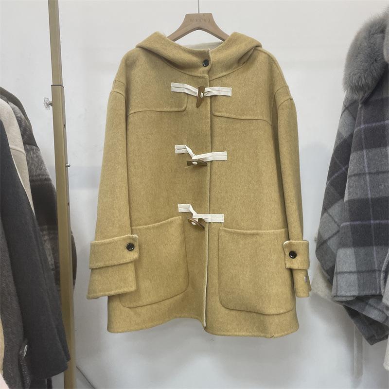 Spring, Autumn and Winter Hooded Double-sided Woolen Coat Jacket Women's Woolen Cloth Simple and Versatile Casual Commuting Horn Buckle