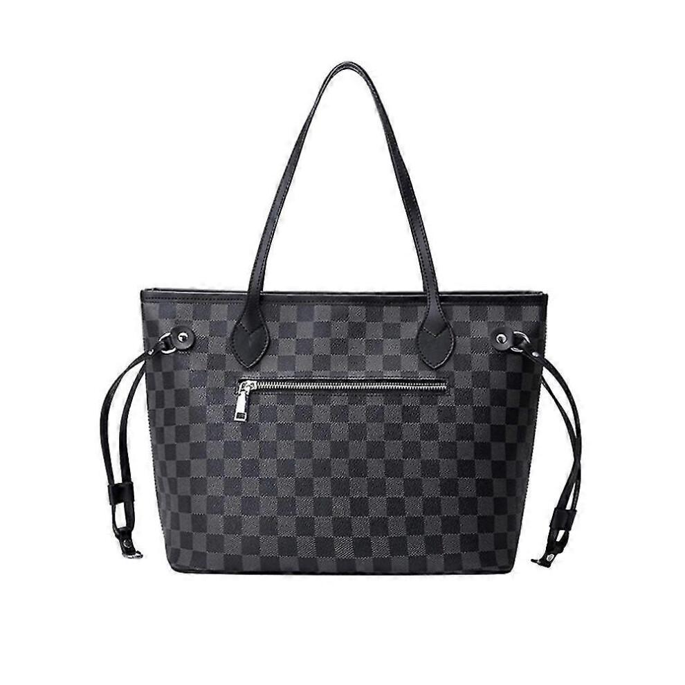 (Schwarz) Damen Karierte Tote Schultertasche Geldbörse PU Leder Handtasche Tasche Mit Innentasche