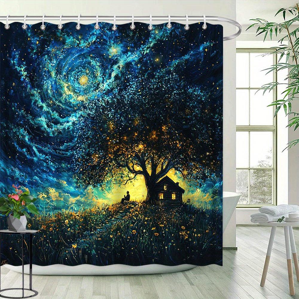 

Водонепроницаемая шторка для душа с принтом «Звездная ночь» и домиком на дереве для ванной комнаты, Шторка-перегородка для туалета с мечтательным пейзажем, Высококачественная W90XH180cm