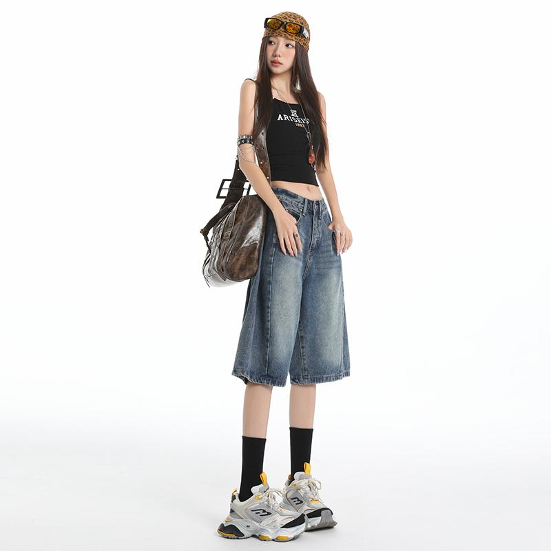 Y2K Street Vintage Tiefer Bund Schräge Tasche Gewaschene Whisker Weites Bein Jorts Bermuda Jeansshorts