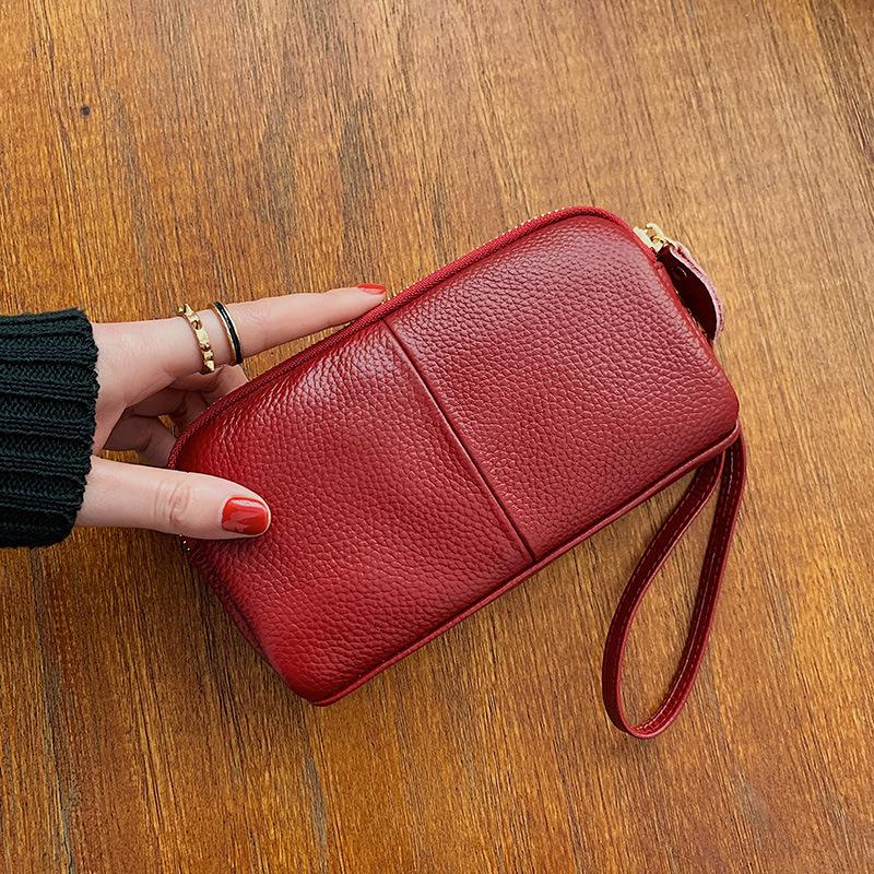 Genuine Leather Women Wallet Zipper Lining Purses For Ladies Wristlet Bag Lady Clutch Coin Purse Cowhide Mobile Phone Bag Black