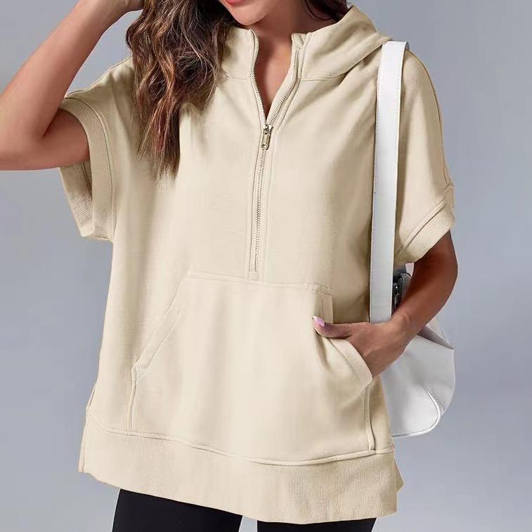 Весенняя женская однотонная модная повседневная толстовка с капюшоном и коротким рукавом L абрикосовый