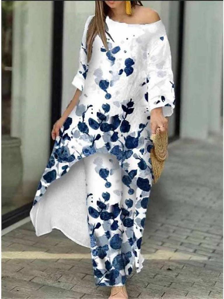 2025 Women's Casual Loose Print Nine-Sleeve Sun Protection Shirt & Wide-Leg Pants Set