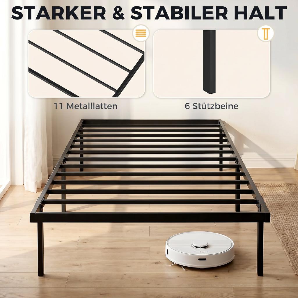 Struttura del letto, 90 x 200 cm Letto in metallo con spazio sotto il letto, Struttura in metallo con base a doghe, Non richiede rete a doghe