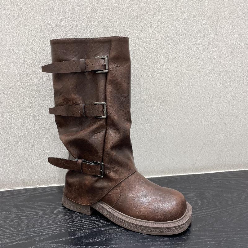 

Cowhide niche retro thick heel mid-height boots western cowboy stack boots knight boots martin boots women s boots 40