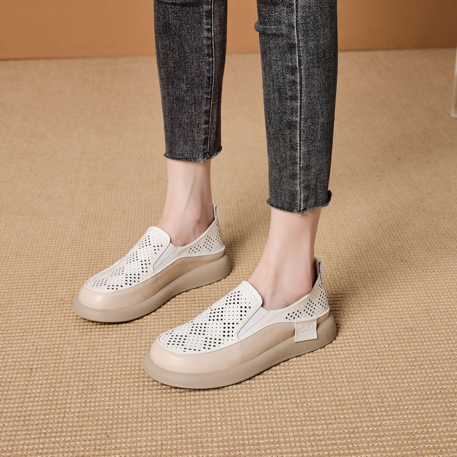 

3CM Cow Genuine Leather Moccasin Shoes Women Summer Leisure Loafers Flats Comfy Hollow Natural Platform Wedge Ethnic 41