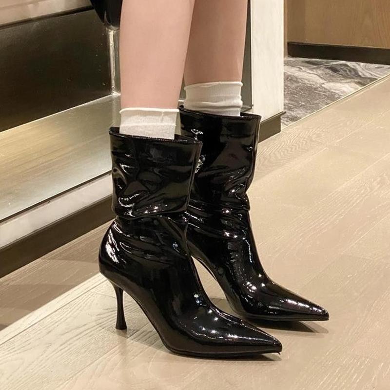 Fashion Pleated Patent Leather Ankle Boots for Women Sexy Pointed Toe Stiletto Heel Ladies Boots Fashion Wine Red High Heels Dress Shoes