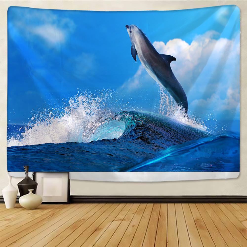 Dolphin Jump Tapestry Wall Hanging Blue Wave Sailboat Bohemia Sofa Carpet Desk Mat Bedroom Living Room Art Decor