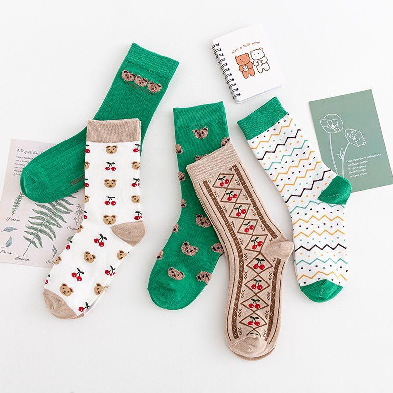 

5 пар осенних лесных полосатых носков с медведем, женские носки Ins Trend, ретро ворсовые носки из чистого хлопка