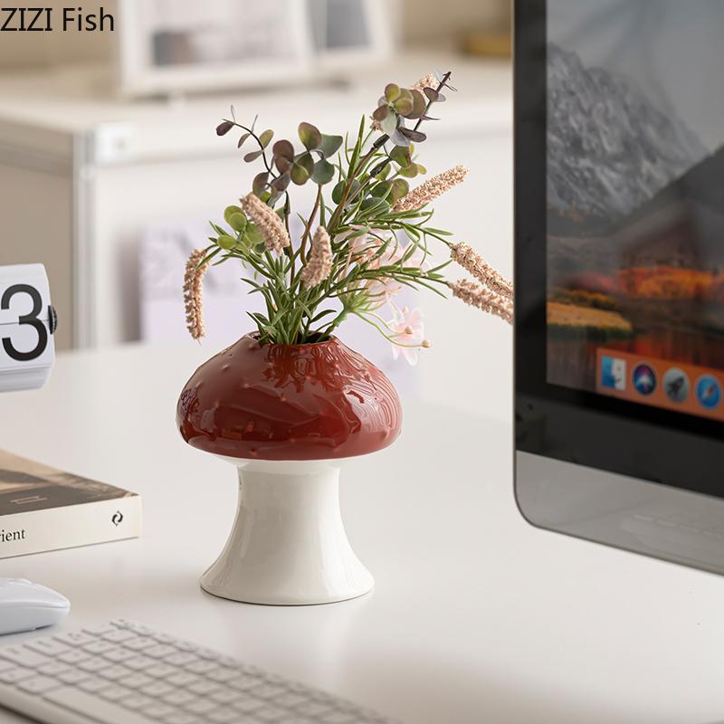 Creative Mushroom Shape Ceramic Vase Plant Pot Table Decoration Flowers Arrangement Artificial Flower Vases Room Aesthetic Decor