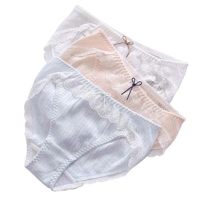 Laisve Baumwoll-Slips Rüschen Shorts 3er Set Große Größe Unterwäsche Studenten-Shorts Baumwolle Spitze Rüschen Blau Orange Weiß L 100% Damen