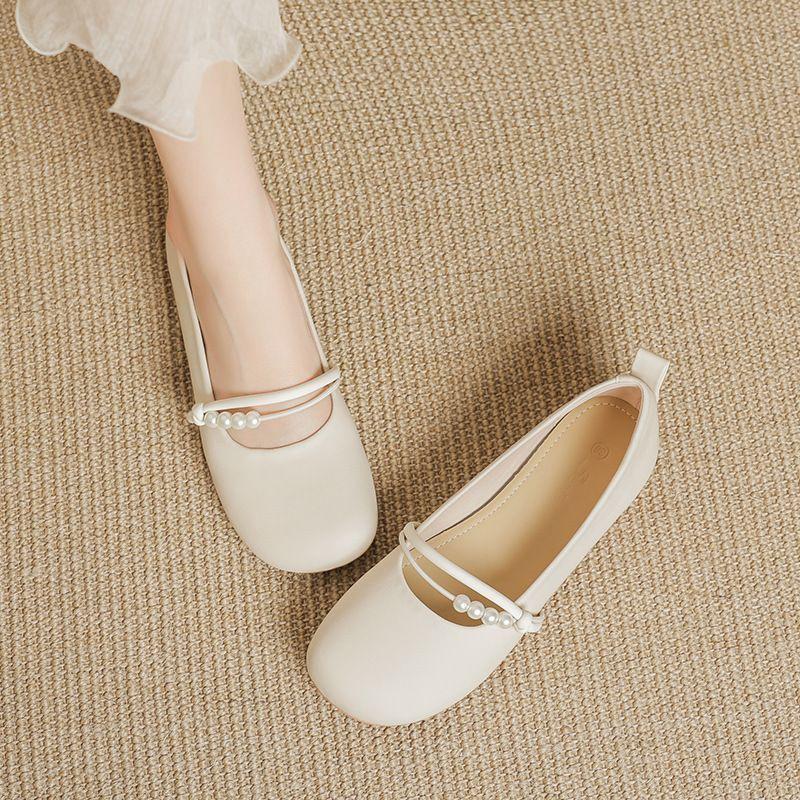 Ladies Footwear Round Toe Low Heel Elegant Pearl Off White Women's Flat Shoes Spring Vacation Summer 2025 Quick Delivery on Sale