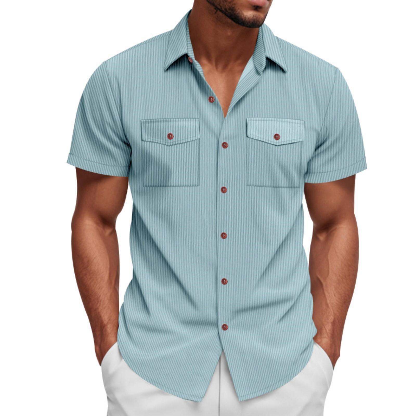 

Men s Casual Short-sleeved Shirt, Corduroy Loose Fit -color Button Shirt, Texture Short-sleeved Cargo Shirt With Two Pockets XXL