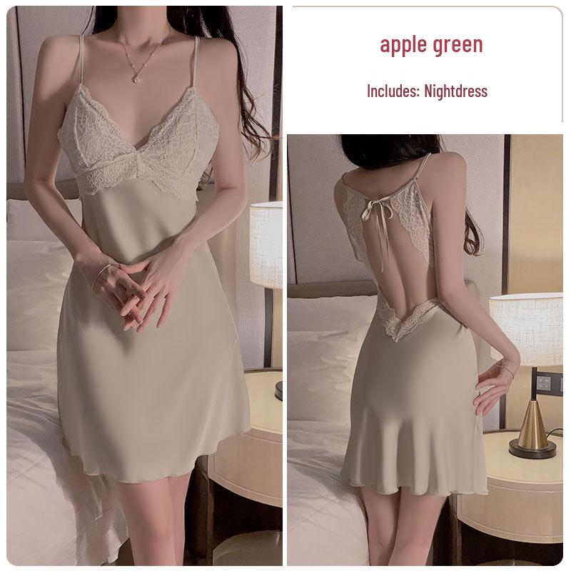 Elegant Lace Backless Plus Size Nightgown with Push-Up Bra and Camisole Set