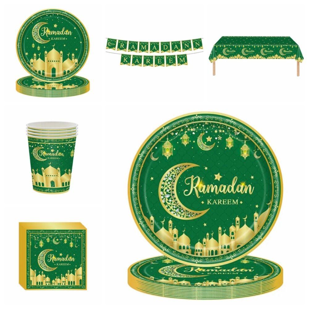 24 Guests Eid Mubarak Disposable Tableware Ramadan Kareem Party Supplies Eid Mubarak
