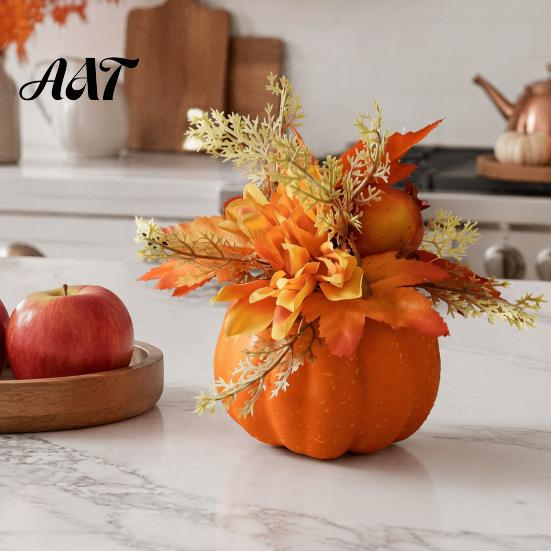 Indoor Halloween Holiday Accents Fall Pumpkin Table Ornament, Artificial Foam with Flower, Maple Durable Ornaments Leaves, Berry for Autumn