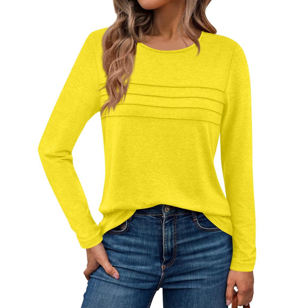 Long Sleeve Shirts For Women Pleated Solid Color Casual Blouses Fashion Basic Round Tops