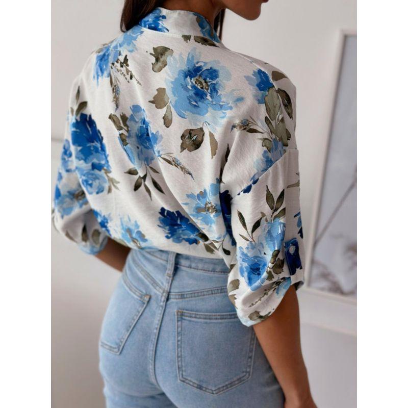 Sweet Summer New Arrival Fashion Stand Collar Single-Breasted Large Flower Pattern Fashion Temperament Commute Half-Sleeve Shirt Tops