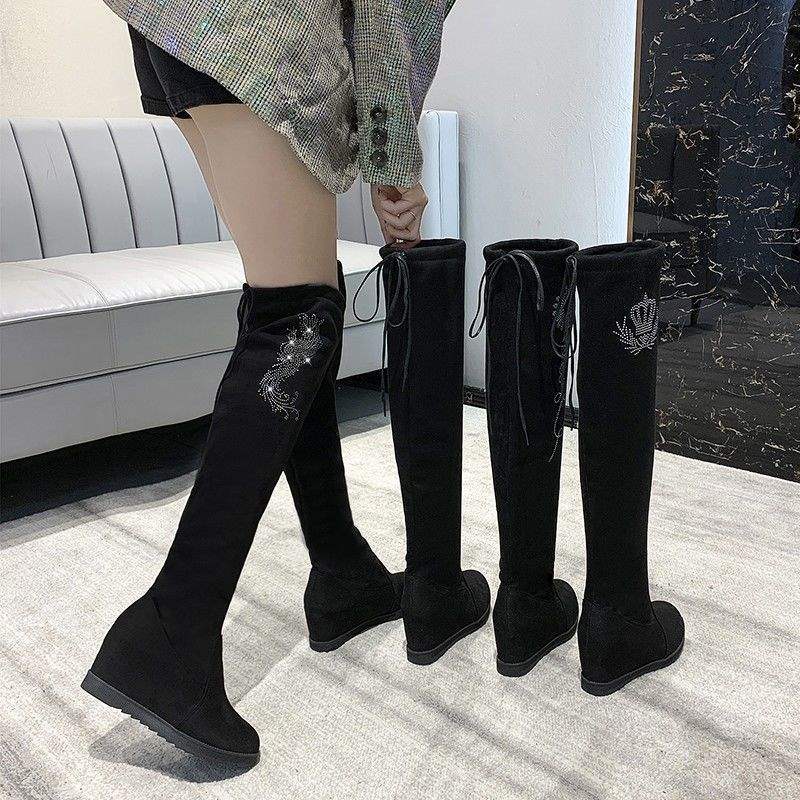 Boots Women's inner knee height increase 2025 autumn and winter new flat-bottomed boots Skinny elastic cloth boots Fleece boots