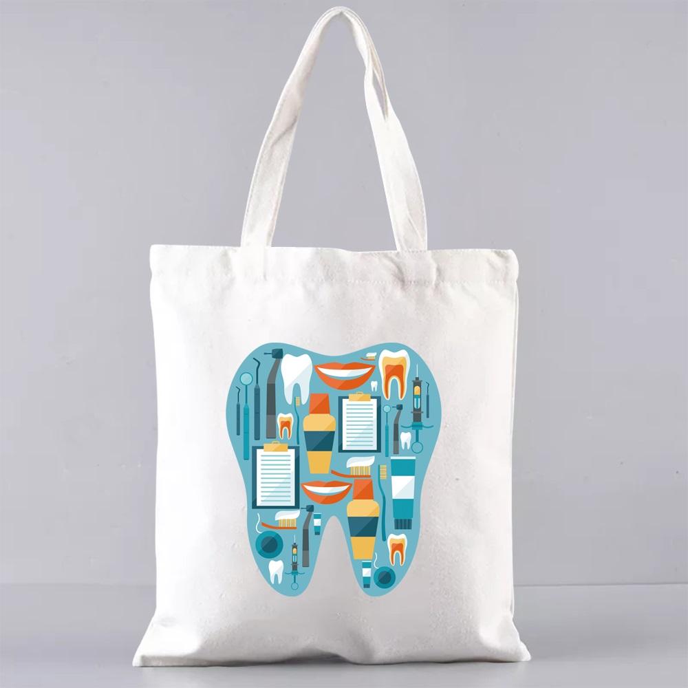 Shopping Bags for Groceries Eco Shoulder Bag  Women Handbags Shopper Reusable Large Capacity Students Books Bag Teeth Pattern