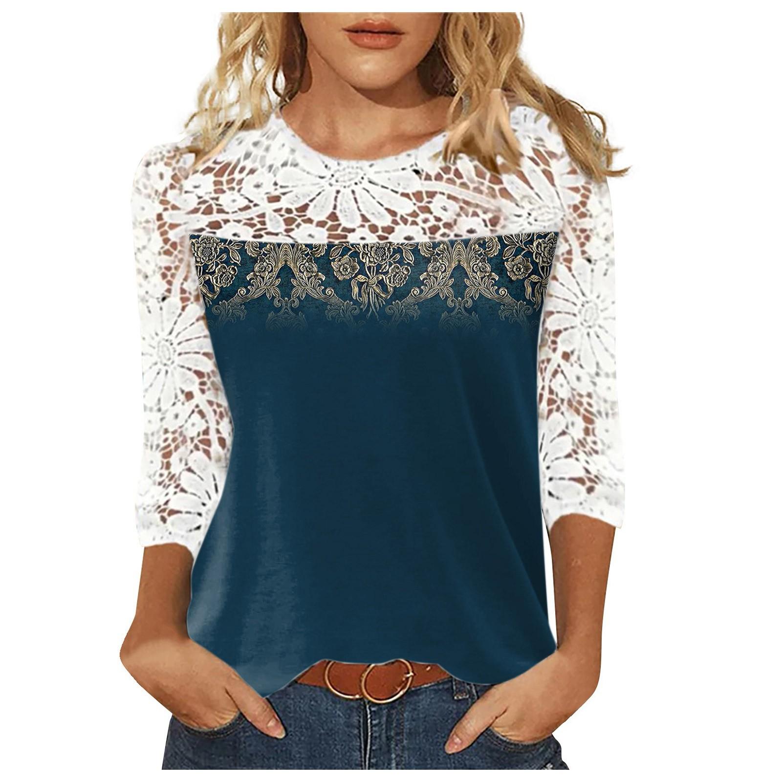 

Женская повседневная футболка с круглым вырезом и кружевным вырезом с семиточечным рукавом и принтом XXL тёмно-синий