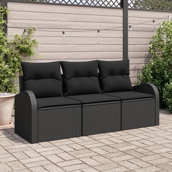 Ensemble de 3 canapés de jardin avec coussins noirs en poly rotin, Canapé de jardin 2 places avec rangement et coussins 3354572