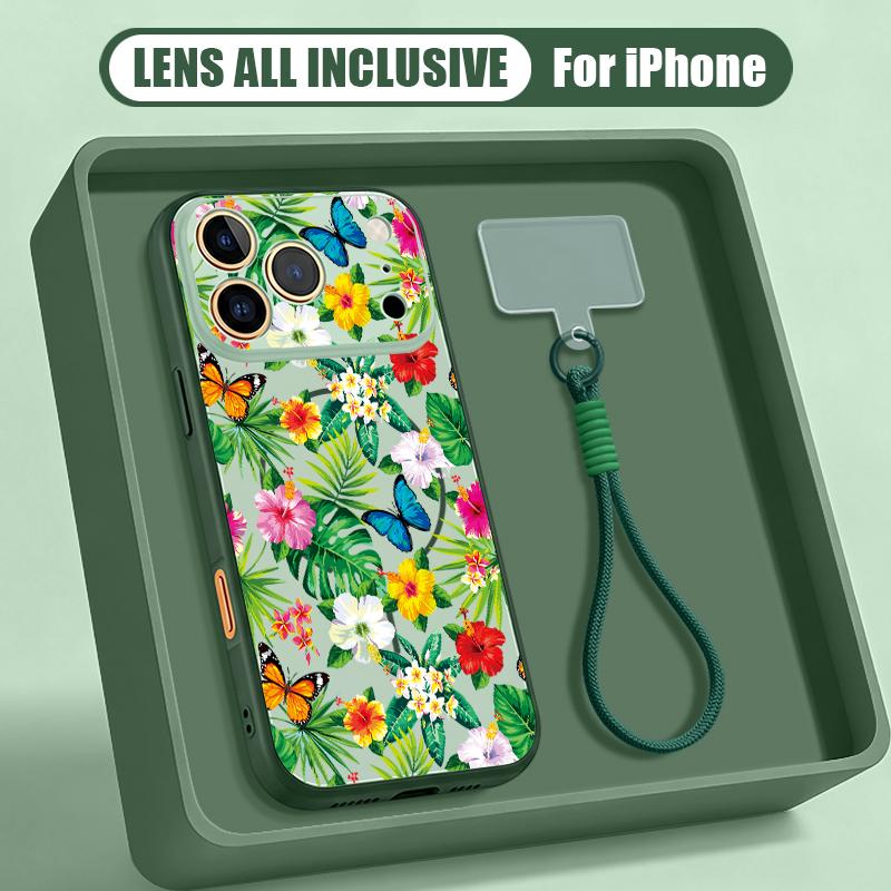 Floral Pattern Hand Strap Case For iPhone 17 Pro Max Hybrid TPU+PC Magnetic For Magsafe Matte Cover For iPhone 16 15 14 13 Pro Max