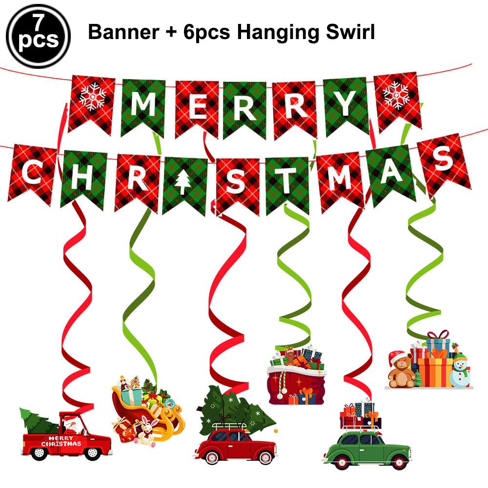 Merry Christmas Banner Hanging Swirl Decorations Set Xmas Holiday Santa Snowman Elk Sign Hanging Indoor Decor Party Supplies
