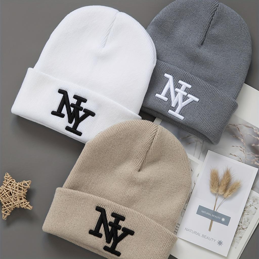 1/2/3Pcs Unisex Winter Beanie Hats, Solid Color Knitted Warm Outdoor Caps With Embroidered Hand Washable