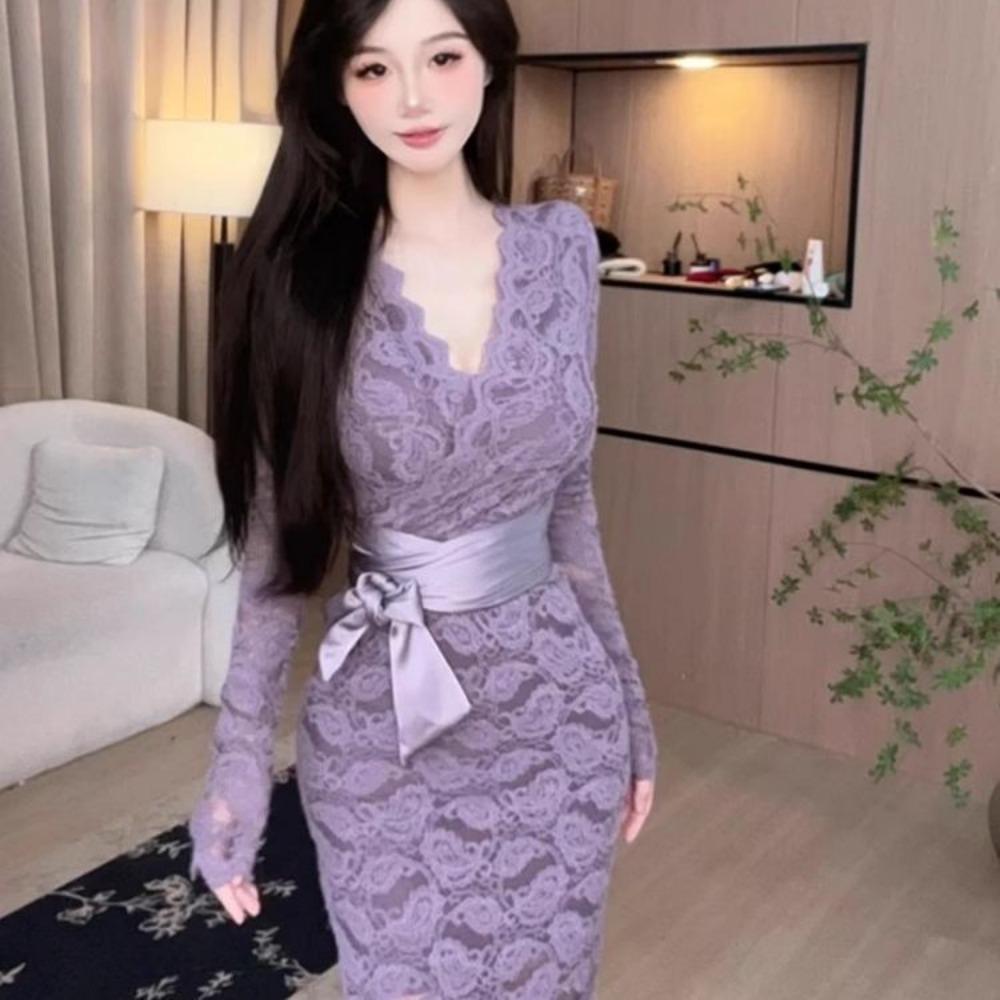 Gentle Romantic Slimming Fashionable Dress Women Long-sleeved New Style Light and Hip-hugging Skirt