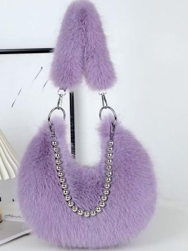 Autumn/Winter Faux Fox Fur Plush Shoulder Bag with Pearl Chain