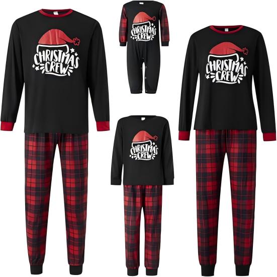 Qiylii Christmas Pajamas Set for Family Matching, Parent-Child Long Sleeve Letters Print T-shirt with Plaid Pants Loungewear