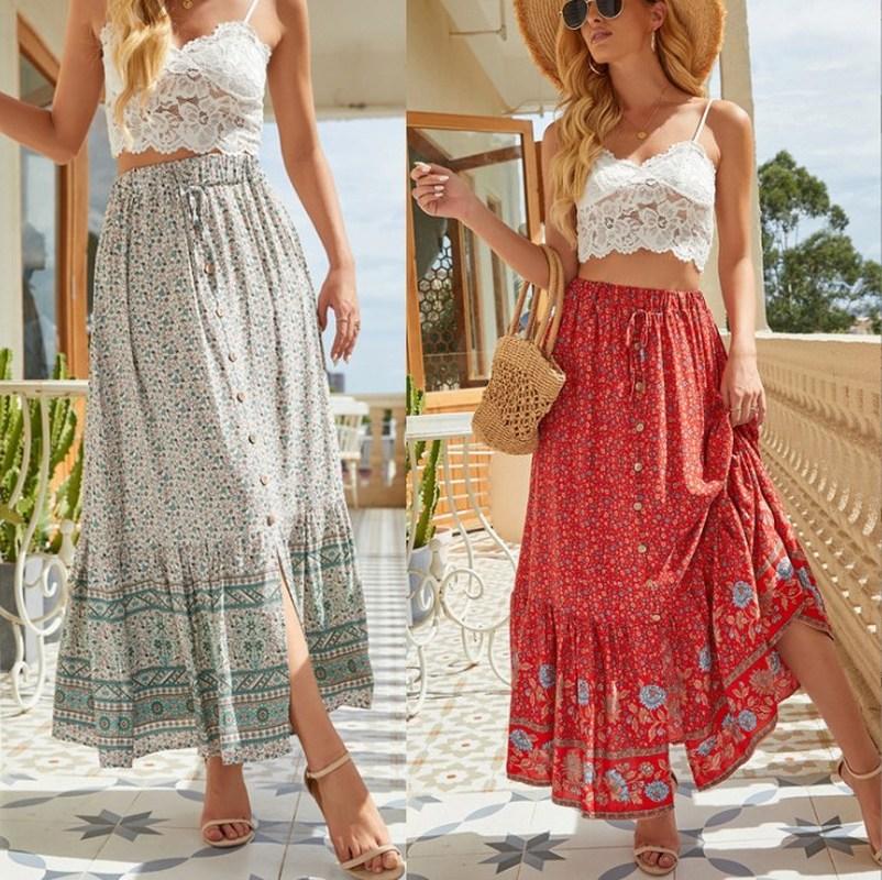 Ladies Fashion Bohemian Floral Split Pastoral Retro Vacation Swing Skirt