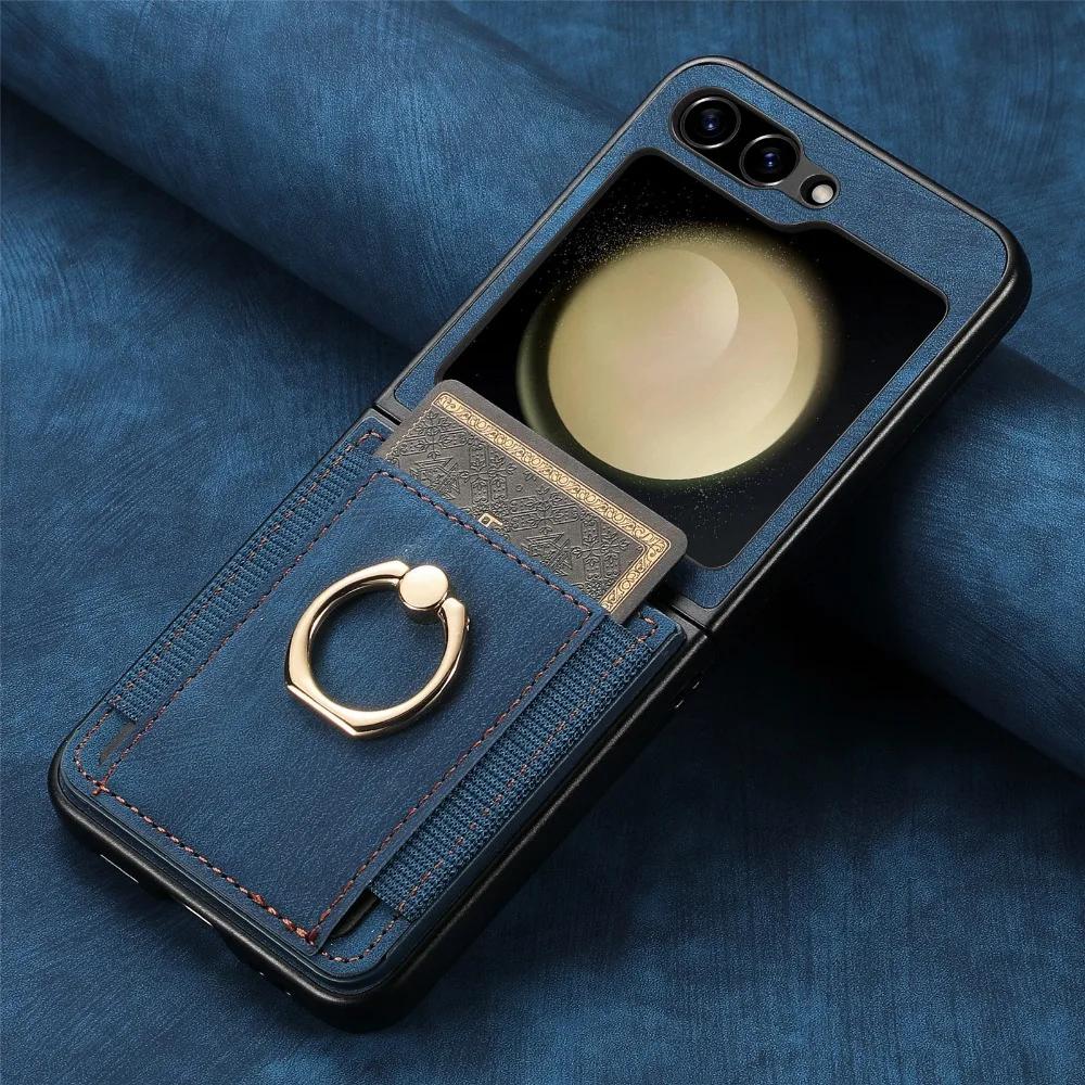 

Retro PU Leather Cover For Samsung Z Flip 6 5 4 3 2 Flip6 Flip5 Flip4 Flip3 Flip2 5G Ring Card Slot Holder Wallet Phone Case Galaxy Z Flip 1 синий