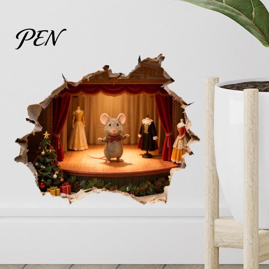 3D Christmas Mouse Sticker Hole Wall Sticker, Waterproof PVC Decal, Creative Festive Scene Easy Apply for Holiday Living Room And Bedroom Decor Art