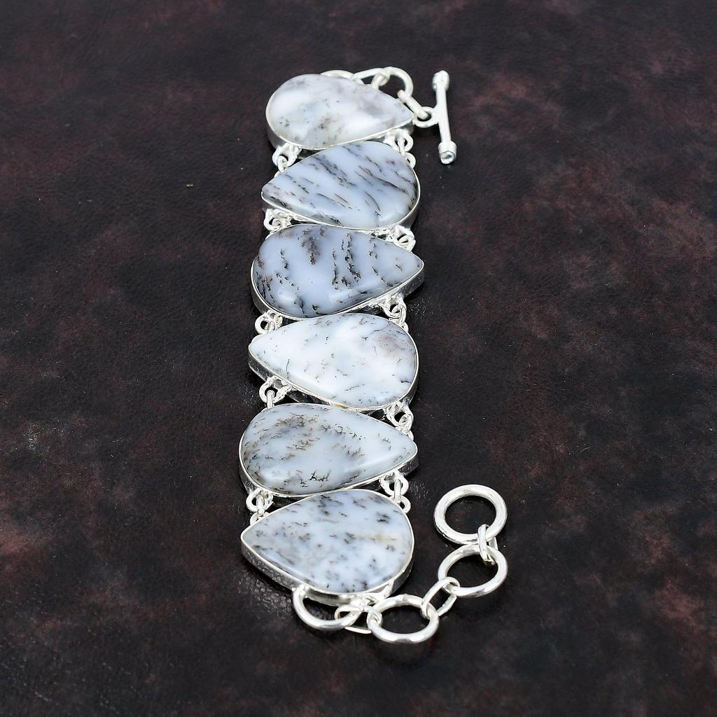 Dendriten-Opal-Armband, echter Edelstein-Schmuck, 925er-Sterlingsilber-Armband, handgefertigt, schönes Armband, verstellbares Kettenarmband, Geschenk für Mama