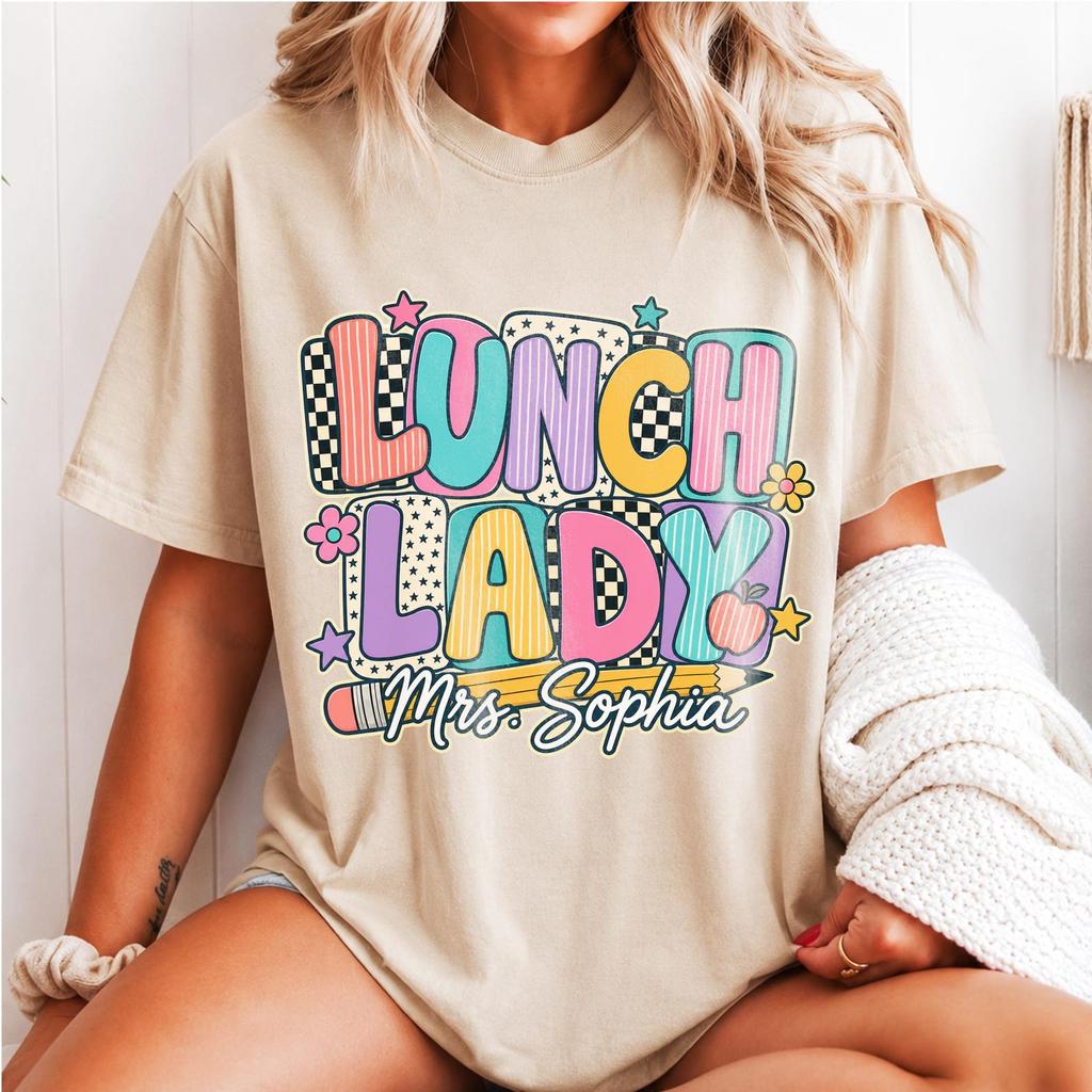 Personalized Lunch Lady Shirt, Colorful Patchwork Cafeteria Tee, Custom Name School Cafeteria Worker Gift, Fun Retro Lunchroom Staff T-Shirt