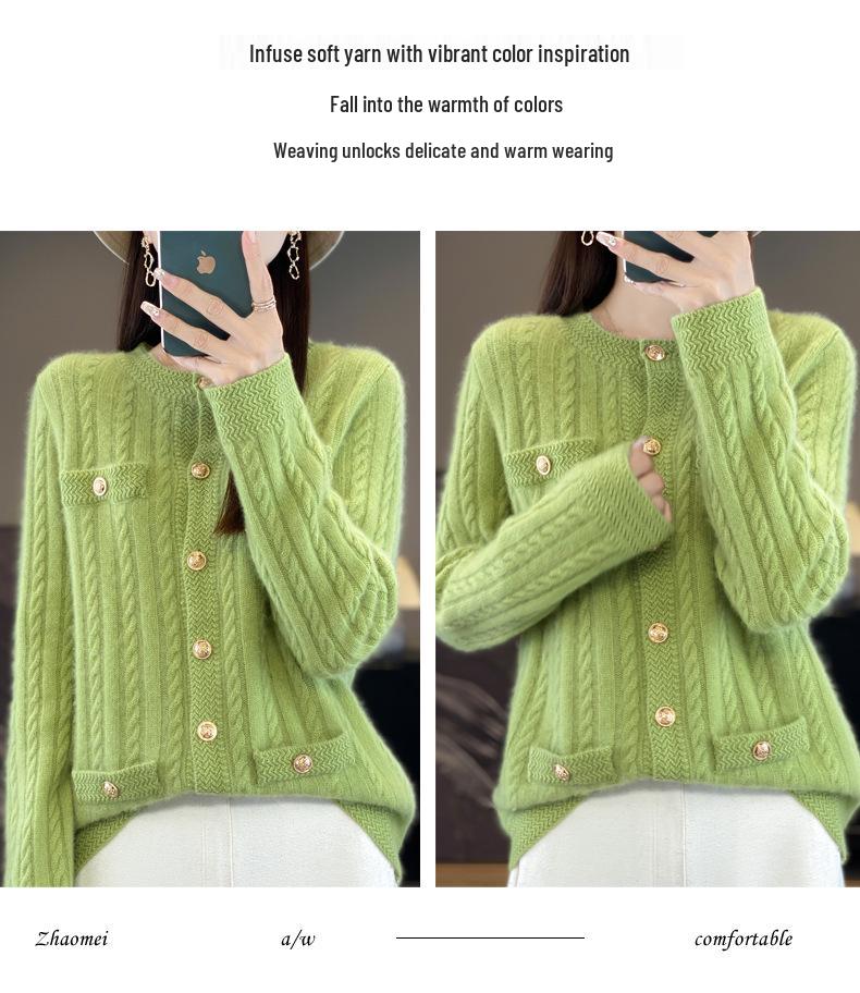 100% Wool Women's French Cable Knit Cardigan - Autumn/Winter Retro Short Aran Tweed Jacket