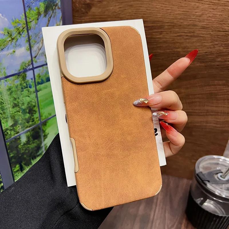 

For iPhone 16 Pro Max 15 14 Plus 13 12 11 XS Max XR X XS Premium Matte Faux Leather Case Shockproof Vintage Lambskin Suede Cover iPhone XR кавовий