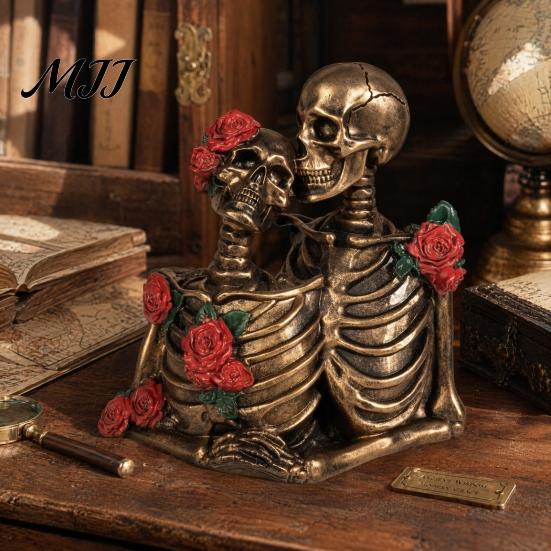 Kissing Skeleton Decor Halloween Gothic Couple Figurine, Vintage Resin Statue, Figurine Rose Sculpture for Holiday Party