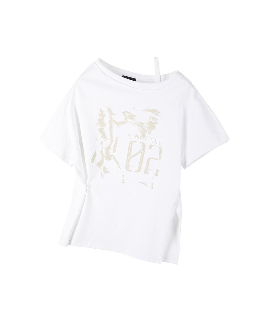 Ledeoli Vintage Slit One-Shoulder Short Sleeve T-Shirt [White]