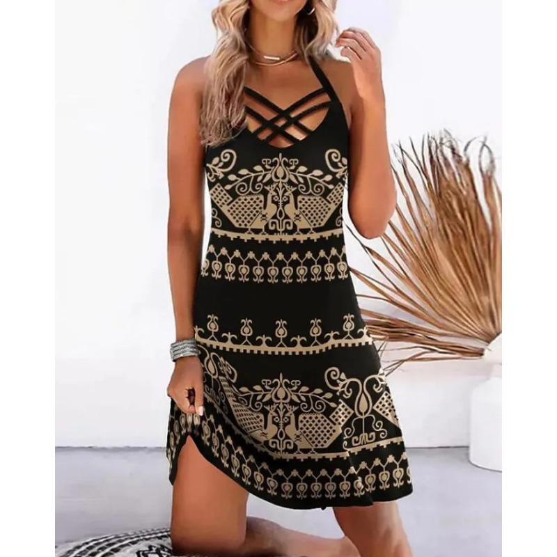 European and American Women's Clothing A-shaped Skirt Summer Retro Printing Neck Leak Back Sleeveless Dress