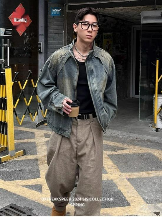 Herren American Retro Gewaschene Jeansjacke - Schwer, Lockerer Schnitt, Trendig, Lässig, Frühling Reißverschluss Arbeitskleidung