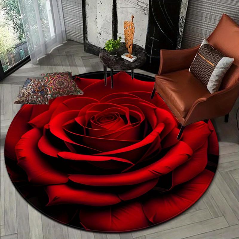 VIKAMA 1PC Round Rug With Red Rose Pattern Bedroom And Living Room Decorative Rug Home Decoration