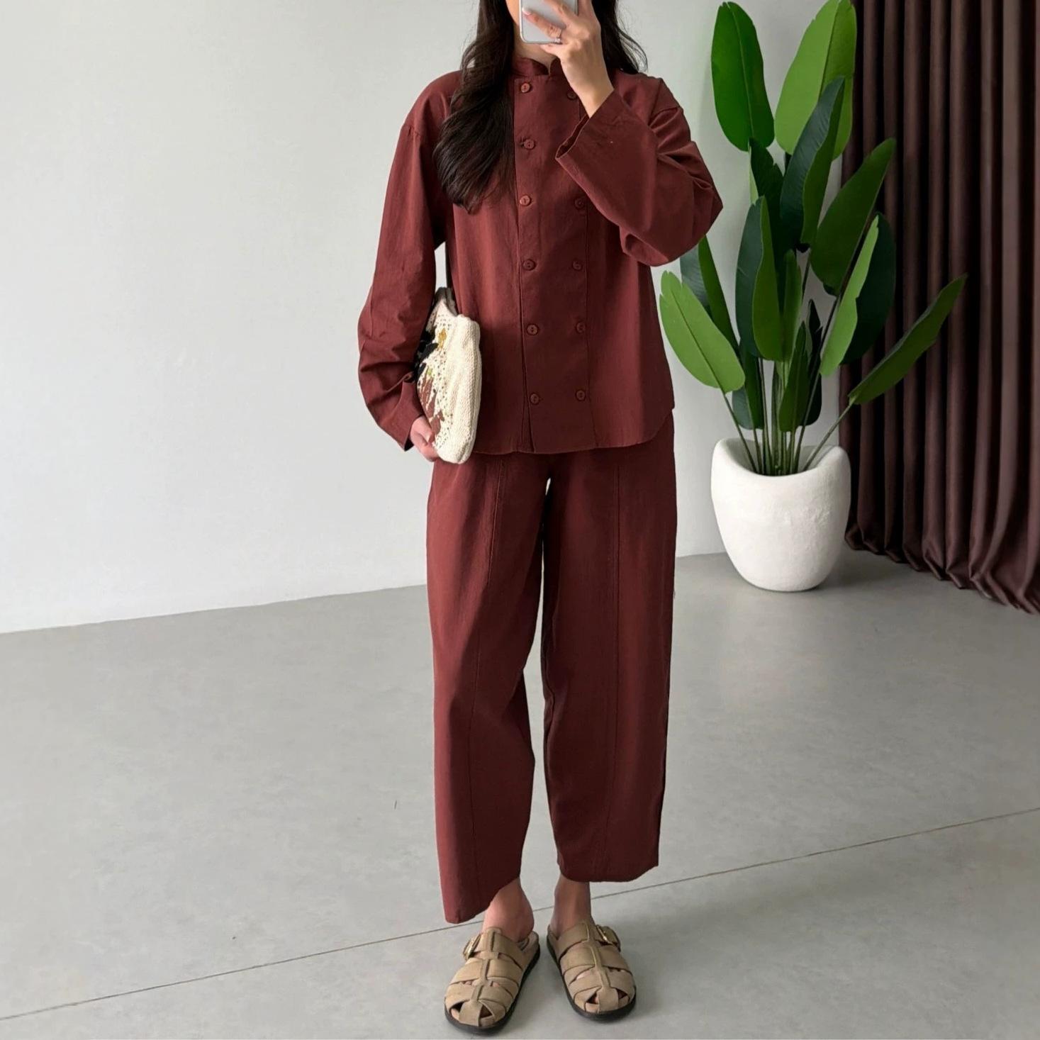 European and women s clothing new Chinese double-breasted stand-up collar long-sleeved cardigan wide-leg pants casual suit XS бордовый