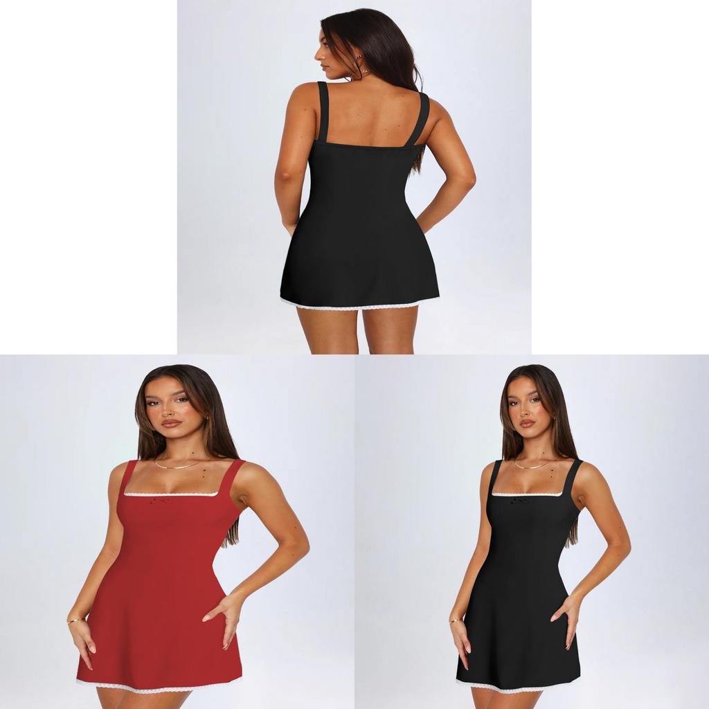 French Style Lace Trim Color Block Dress With Knit Fabric For Elegant Evening Wear