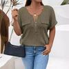 Women's 1X-5XL Plus Size New Solid Color Large Women's Top Zipper Short Sleeve Fake Pocket Pullover T-shirt Loose