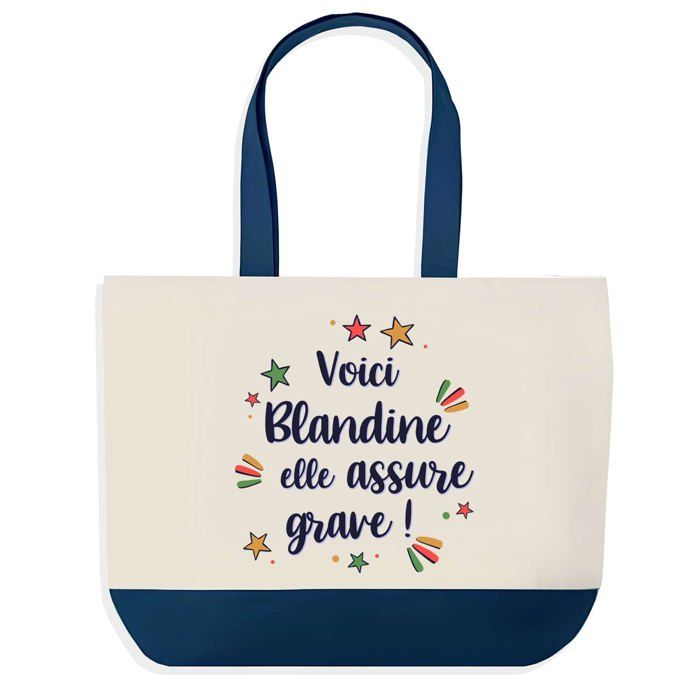 Tote bag - PLANETEE - Blandine elle assure grave - fond bleu - Coton 40x45 cm - Grand format