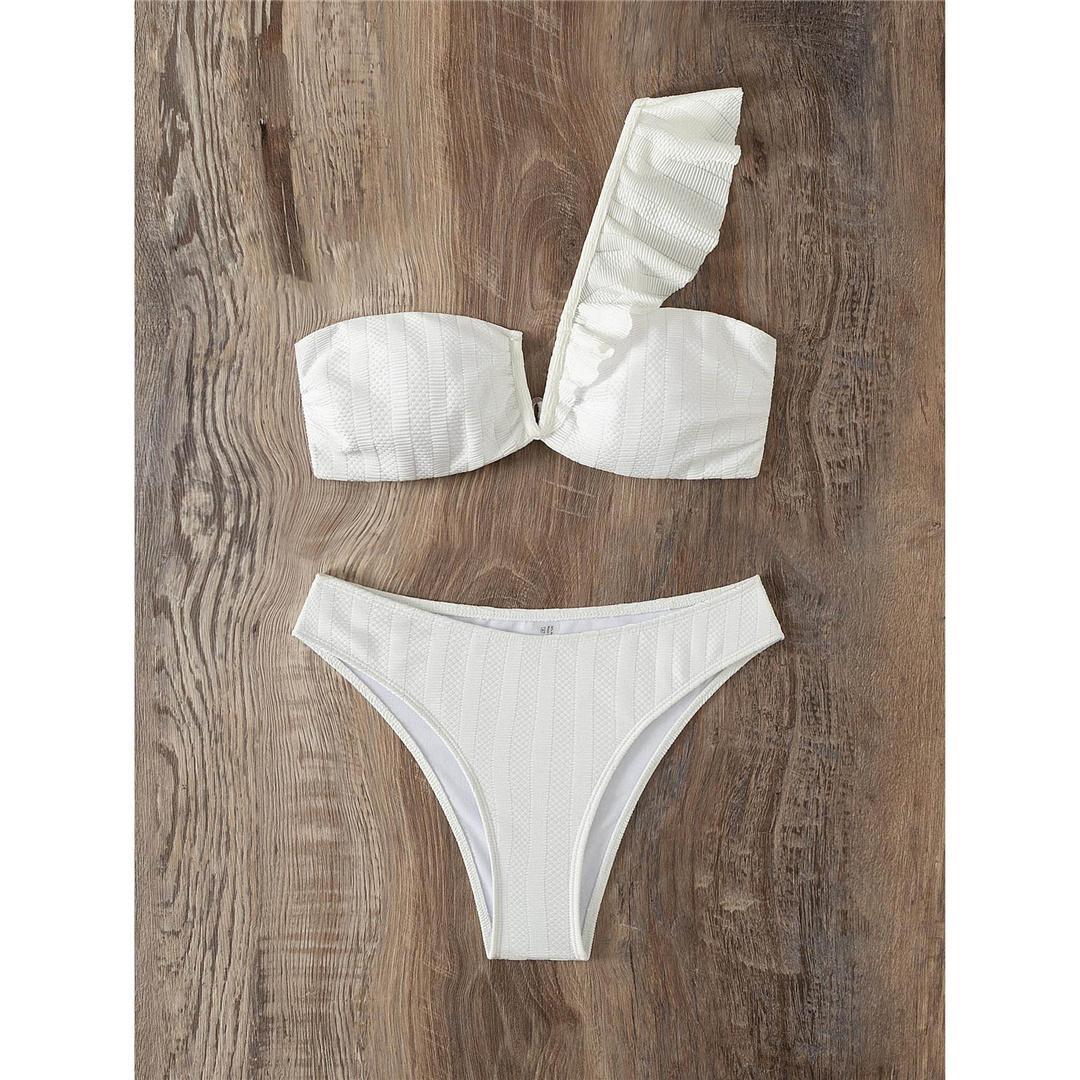

V-образный бикини с рюшами на одно плечо, женский купальник, женский купальник, комплект бикини из двух частей, купальный костюм, купальный костюм для женщин M белый